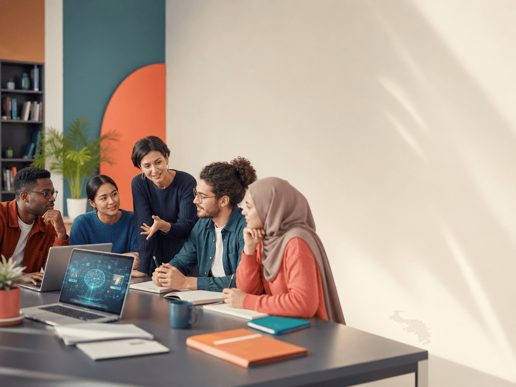 Learners collaborating around an AI education project